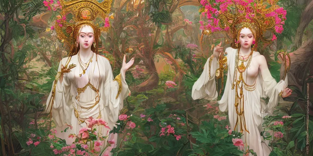 Image similar to breathtaking detailed concept art painting of the goddess of flamingo, orthodox saint, with anxious, piercing eyes, ornate background, amalgamation of leaves and flowers, by Hsiao-Ron Cheng and John James Audubon, extremely moody lighting, 8K