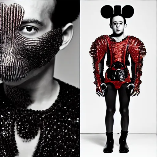 Image similar to a beautiful young mexican male wearing iris van herpen mickey mouse couture, photographed by erwin olaf