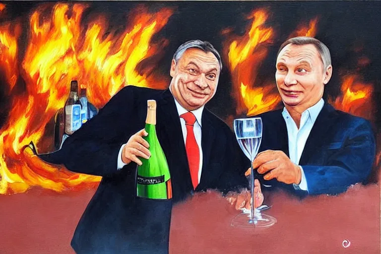 Image similar to viktor orban winking and drinking champagne with putin in front a burning city, hyper realistic painting