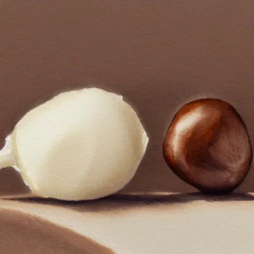 Image similar to a hazelnut next to a blob of milk chocolate, white background, macro, ultra detailed, intricate, sharp focus, watercolour illustration by John Singer Sargent, 8K