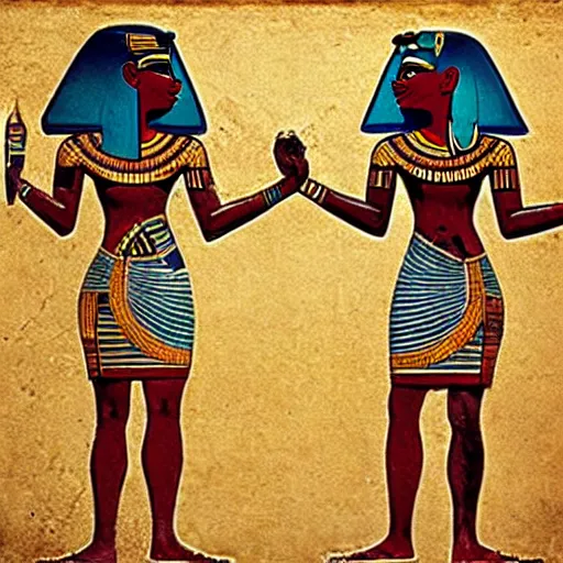 Image similar to ancient egyptian art featuring aliens robots cyborg