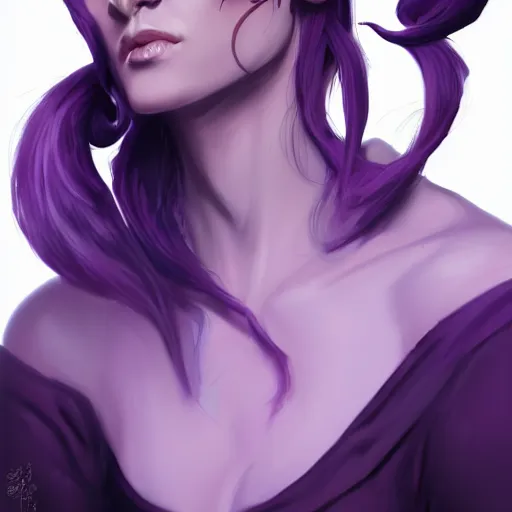 Image similar to a portrait of a tiefling with light purple skin and black hair, stunning digital painting trending on artstation