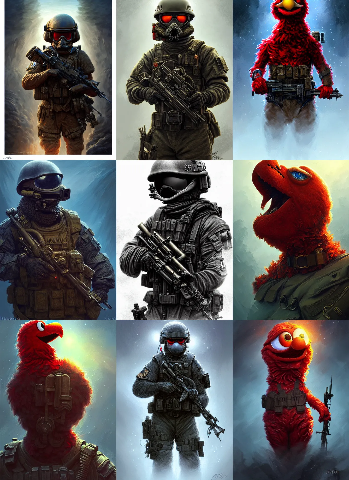 Prompt: elmo as a navy seal, fantasy magic, light night, intricate, elegant, sharp focus, illustration, highly detailed, digital painting, concept art, matte, art by wlop and artgerm and ivan shishkin and andrey shishkin, masterpiece