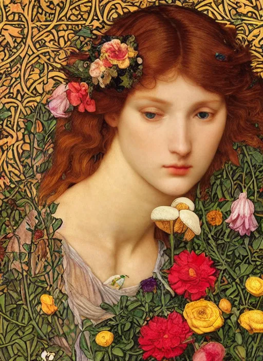 Prompt: masterpiece beautiful seductive flowing curves preraphaelite face portrait amongst flowers, extreme close up shot, straight bangs, thick set features, yellow ochre ornate medieval dress, laying amongst foliage mushroom forest circle arch, frederic leighton and kilian eng and rosetti and preraphaelites, william morris, 4 k