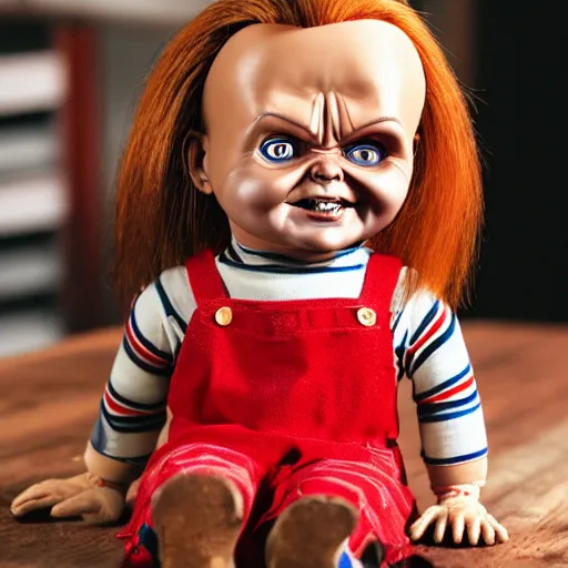 Prompt: chucky the killer doll on standing on a work bench table