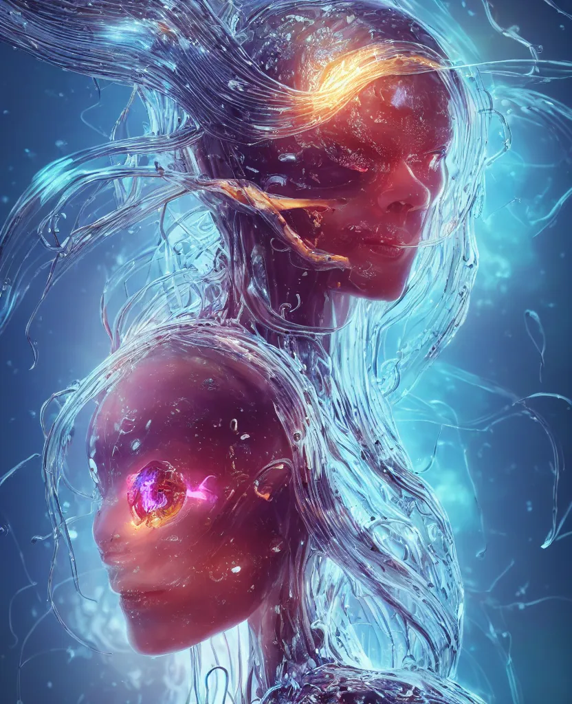 Image similar to close-up macro portrait of the face of a beautiful princess, epic angle and pose, symmetrical artwork, 3d with depth of field, blurred background, cybernetic jellyfish female face skull phoenix bird, translucent, nautilus, energy flows of water and fire. a highly detailed epic cinematic concept art CG render. made in Maya, Blender and Photoshop, octane render, excellent composition, cinematic dystopian brutalist atmosphere, dynamic dramatic cinematic lighting, aesthetic, very inspirational, arthouse. y Greg Rutkowski, Ilya Kuvshinov, WLOP, Stanley Artgerm Lau, Ruan Jia and Fenghua Zhong