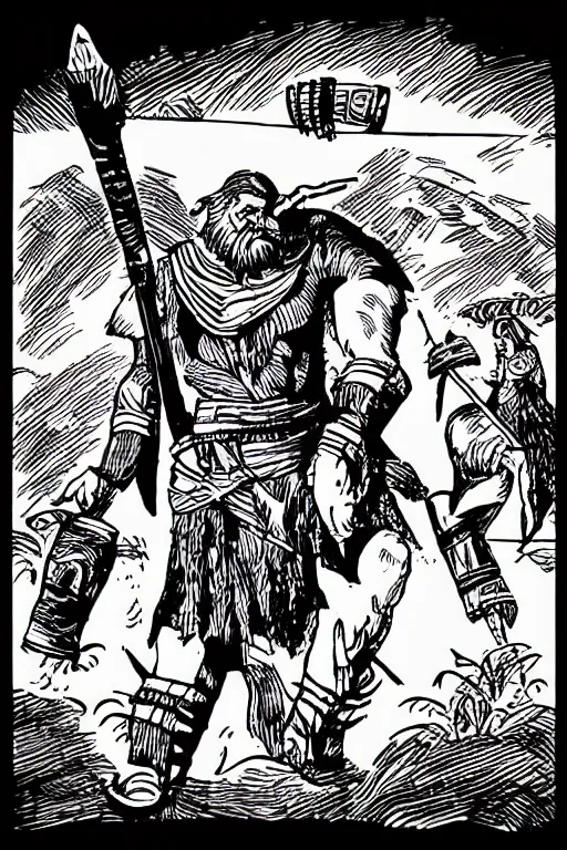 Image similar to ancient historically accurate depiction of the Bible Character Goliath of Gath, the Philistine warrior giant by mcbess