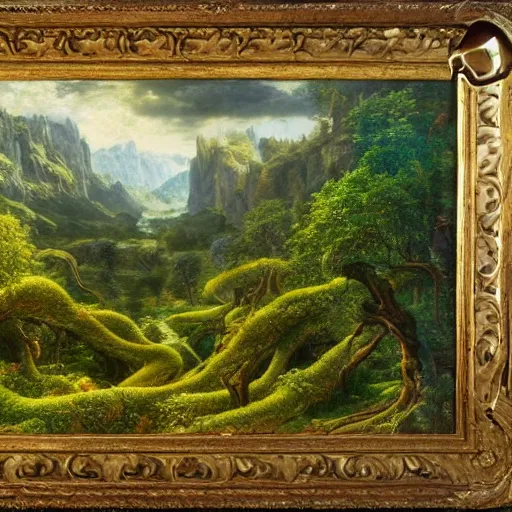 Prompt: a beautiful and highly detailed epic oil painting of a lush valley in the mountains, beautiful trees, tangled vines, ancient runes, intricate details, epic scale, insanely complex, 8 k, sharp focus, hyperrealism, fantasy landscape, psychedelic, by caspar friedrich and brian froud, albert bierstadt,