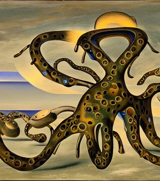 Image similar to a cybernetic realistic Callistoctopus macropus found giving a lecture in a shallow area of the Mediterranean Sea, 9pm in Cap de Creus, oil painting by Salvador Dali
