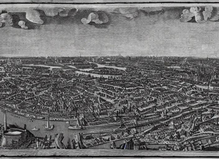 Image similar to detail from Hollar’s Panoramic view of future London after the war with the machines, 1647