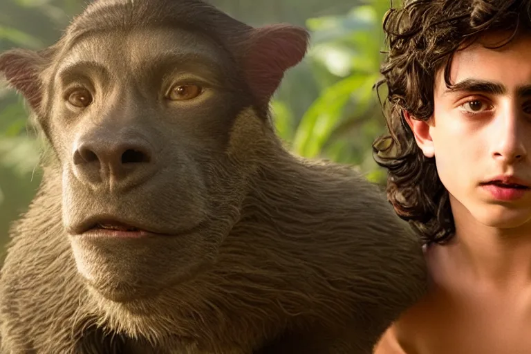 Image similar to timothee chalamet plays mowgli in the live action adaptation of the jungle book, red weapon 8 k s 3 5, cooke anamorphic / i lenses, highly detailed, cinematic lighting