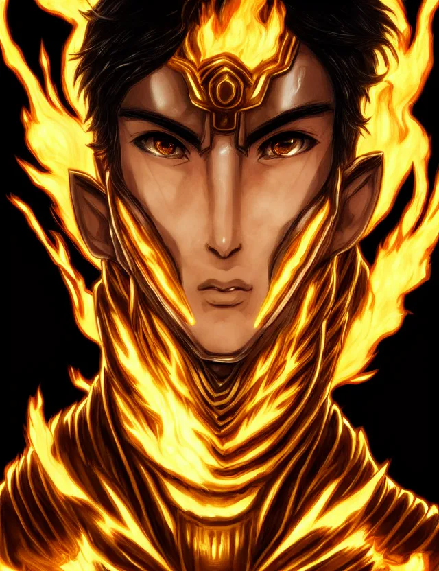 Image similar to a detailed manga portrait of a black haired man with hazel eyes in gleaming golden armour that burns with golden fire, trending on artstation, digital art, 4 k resolution, detailed, high quality, sharp focus, hq artwork, coherent, insane detail, character portrait