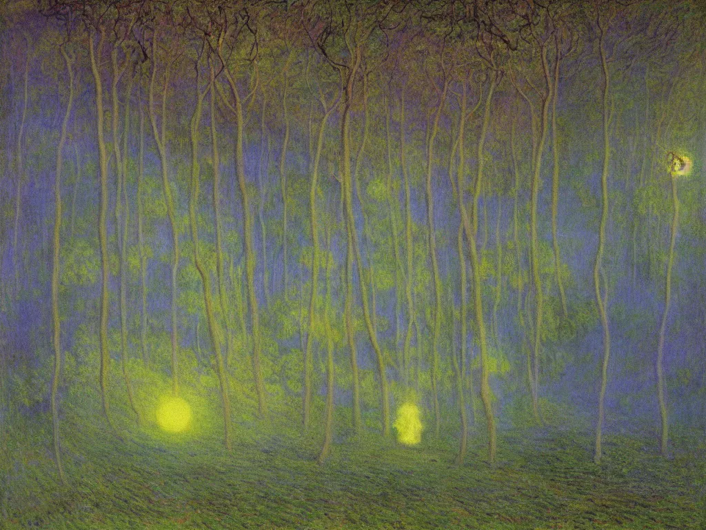 Prompt: ! dream glowing forest of mounds in the auroral psychedelia. dark, looming shadows over the mask. painting by monet, arnold bocklin, wayne barlowe, agnes pelton, rene magritte