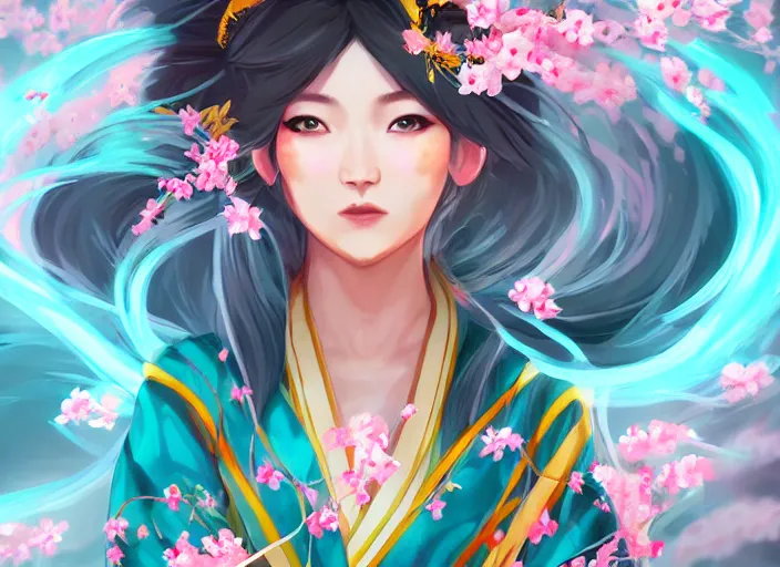 Prompt: character concept art of a girl wearing japanese kimono surrounded by spirit blossoms, wonderful shading, realistic face, concept art, dynamic pose, digital illustration, trending on artstation, intricate details, epic composition, sharp focus, 8 k uhd, masterpiece, league of legends splash art