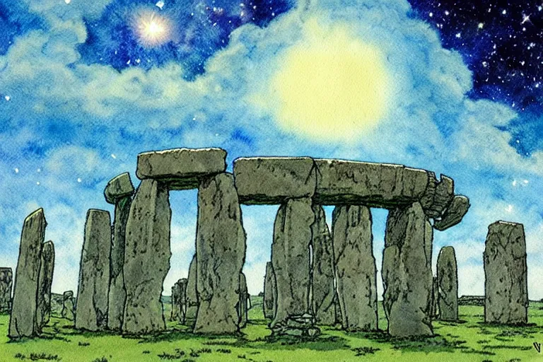 Image similar to hyperrealist studio ghibli watercolor fantasy concept art of a 1 0 0 ft. giant sitting on stonehenge. it is a misty starry night. by rebecca guay, michael kaluta, charles vess