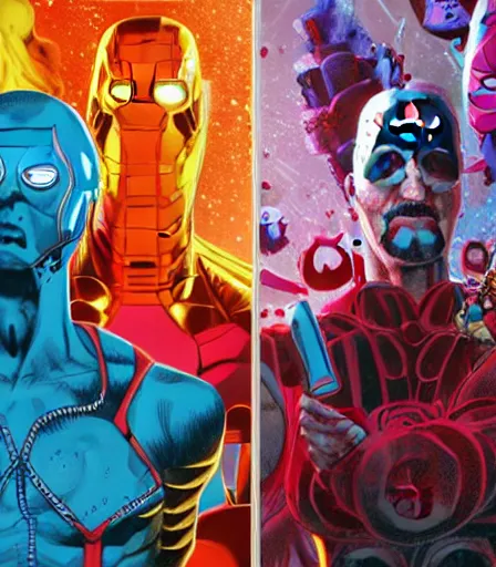 Prompt: TIm Burtons style Avengers by Alex Pardee and Nekro and Petros Afshar, and James McDermott,unstirred paint, vivid color, cgsociety 4K