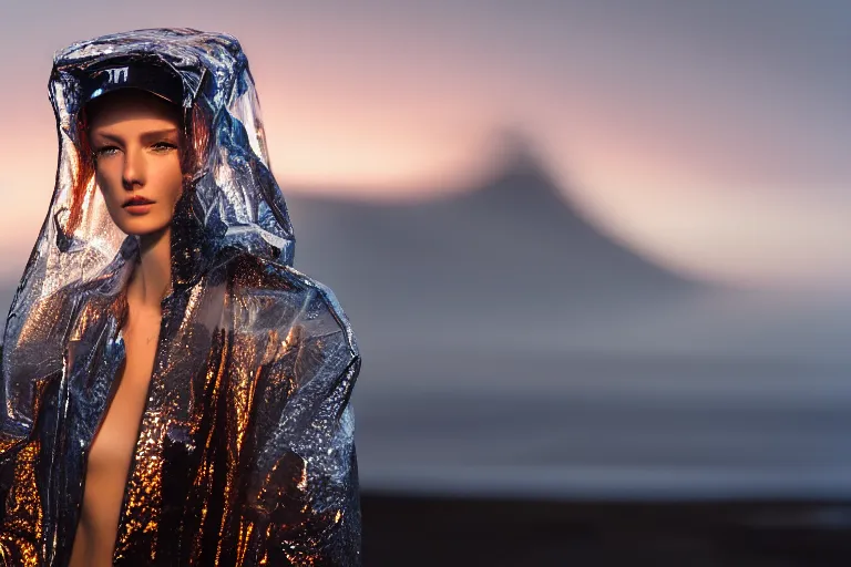 Image similar to an ultra high definition professional high fashion portrait studio full length photograph of a model wearing a transparent pearlescent raincoat and neon visor in an icelandic black rock environment at dawn. no artefacts. extremely detailed. stark. shallow depth of field. volumetric light and shadow. ray tracing. light ray.