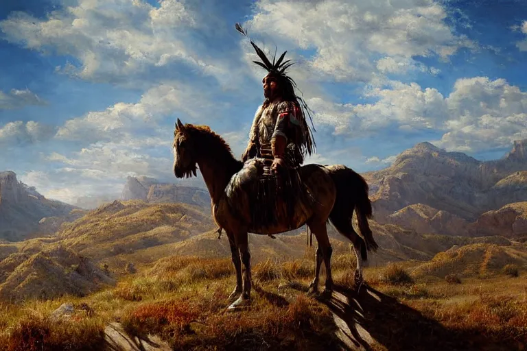 Image similar to a full length extremely detailed masterpiece painting of one rugged warrior american native ute with a feather in his head - ban sitting on his painted war horse surveying a rugged utah mountains, in the style of charles marion russell, insanely detailed, extremely moody lighting, glowing light and shadow, atmospheric