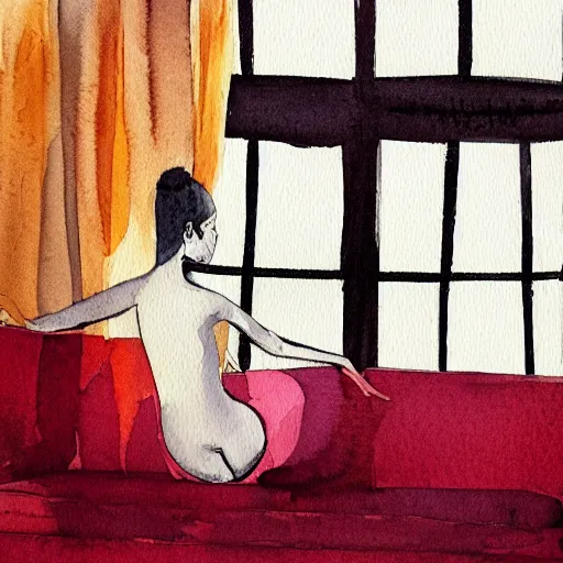 Image similar to watercolor painting of a female body sitting on a sofa, infront of window light.