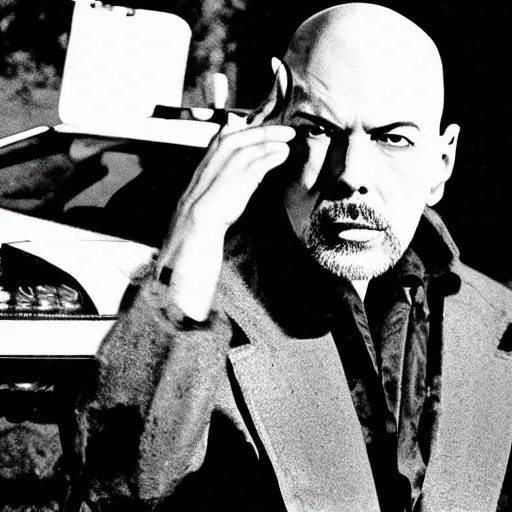 Image similar to anton lavey driving a delorean