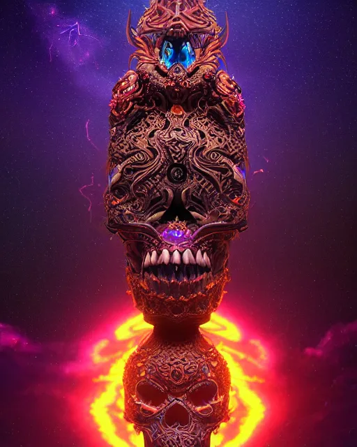 Prompt: 3 d ornate carved dark cosmic nomad with profile portrait, sigma 5 0 0 mm f / 5. beautiful intricate highly detailed quetzalcoatl skull. bioluminescent, plasma, lava, ice, water, wind, creature, thunderstorm! artwork by tooth wu and wlop and beeple and greg rutkowski, 8 k trending on artstation