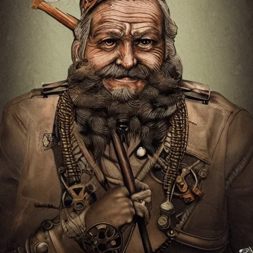 Image similar to a portrait of an old man who is a captain of a boat, weathered, in the style of steampunk, tattoo of boat on chest, holding a spear, retro, with beard and scar on face. trending on artstation, ambient lighting, 4k render, ultra hd:: behance art