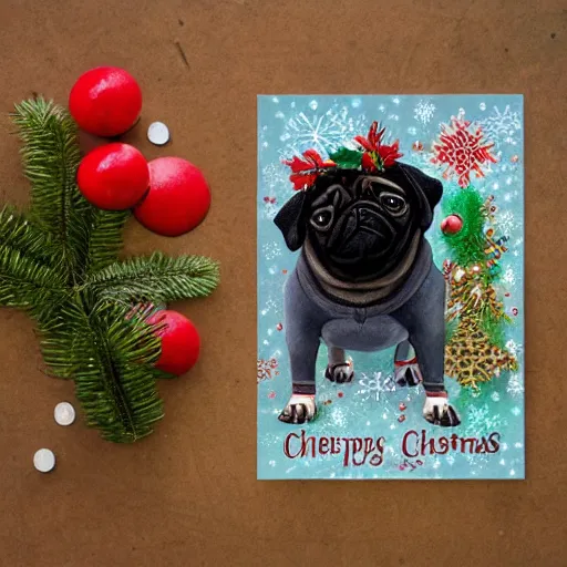 Image similar to christmas card, pug black infront of leg, high beauty vine, artstation, ample lighting, flower mosaic, dna, intense fantasy