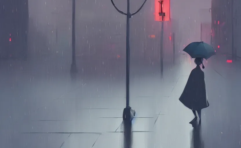 a character holding an umbrella on rainy night on a | Stable Diffusion