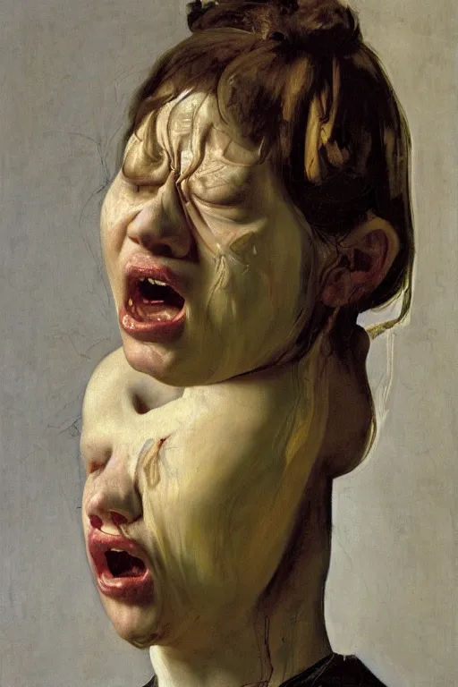 Image similar to a woman enraged, part by Jenny Saville, part by Vermeer