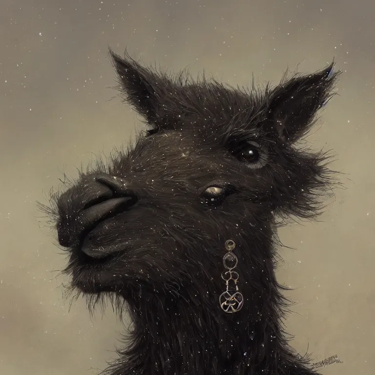 Image similar to highly detailed portrait of a goth alpaca, black eyeshadow, piercings, earrings, unreal engine, dark fantasy art by greg rutkowski, loish, rhads, ferdinand knab, makoto shinkai and lois van baarle, ilya kuvshinov, rossdraws, tom bagshaw, alphonse mucha, global illumination, radiant light, detailed and intricate environment