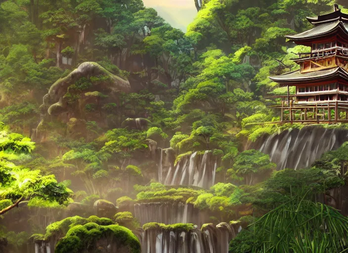 Image similar to deep in a japanese bamboo forest with waterfall on a hilly side, ancient ruined temple in distance, sunny, cartoony, anime style, mid day, realistic lighting, by ghibli studio, arcane, wild rift, trending on artstation, 4 k, hd