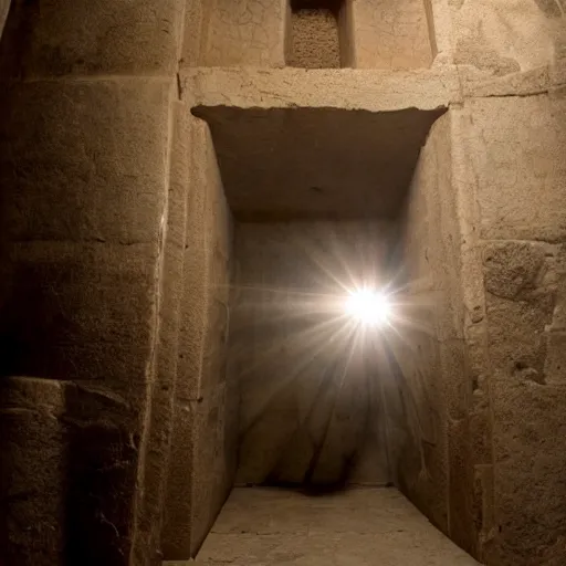 Prompt: cinematic still outside of the Jesus's tomb with stone rolled away, heavenly light coming from the opening, just before dawn, dynamic angles, miracle, magical, wondrous, Biblical epic movie directed by Ridley Scott