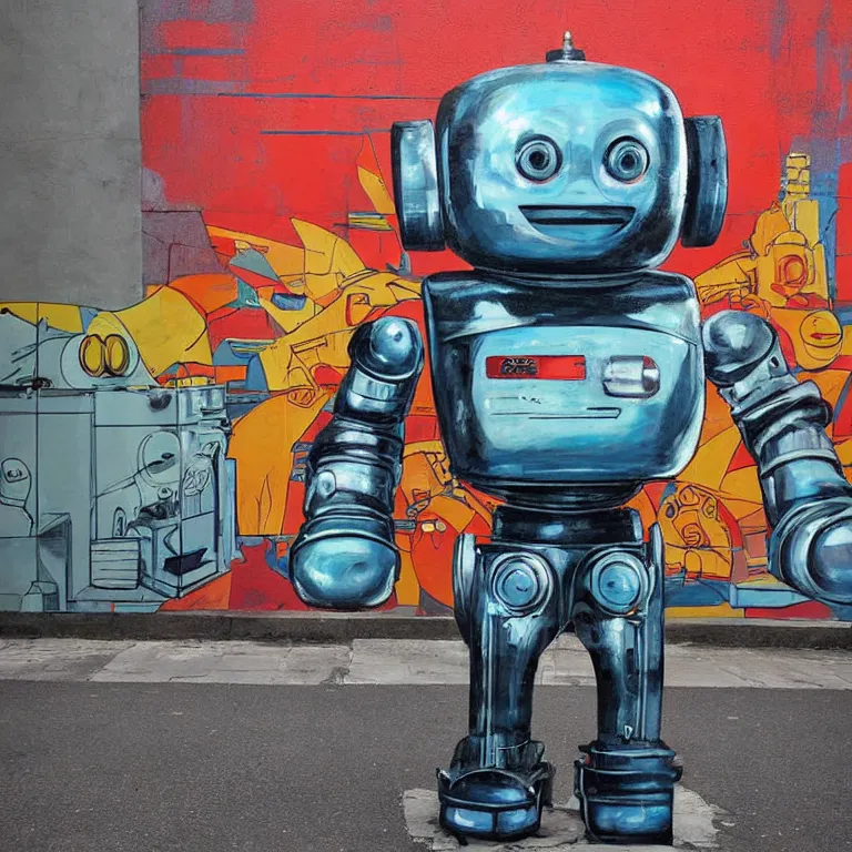 Image similar to Street-art painting of Soviet robot in style of retro futurism, photorealism