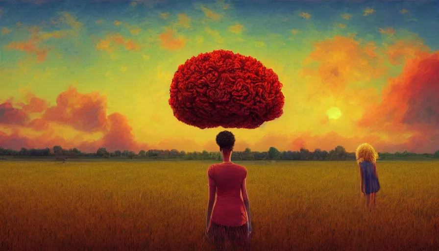 Image similar to red carnation afro head, full body, girl watching sunset, empty wheat field, surreal photography, colorful clouds, tree, impressionist painting, colorful clouds, digital painting, pointillism, artstation, simon stalenhag