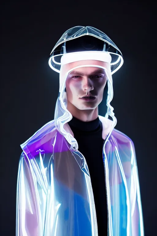 Image similar to an ultra high definition professional high fashion portrait studio full length photograph of a male model wearing a transparent pearlescent raincoat and neon visor in an icelandic black rock environment at dawn. no artefacts. extremely detailed. stark. refraction. shallow depth of field. volumetric light and shadow. ray tracing. light rays.