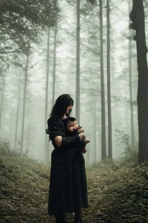 Image similar to a cinematic photo of a young woman with dark hair holds a baby in a dark, foggy forest, closeup, masterpiece