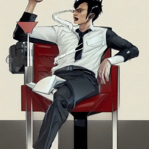 Prompt: a beautiful artwork of a young male scientist with black hair and white shirt sitting on an office chair explaining something by Jerome Opeña, featured on artstation