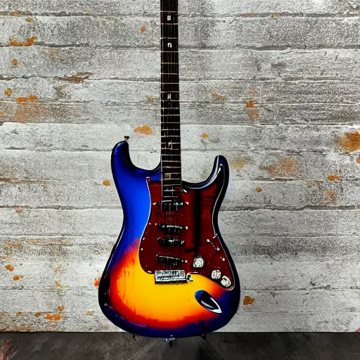 Image similar to sunburst relic stratocaster style guitar, blue, red, and yellow sunburst body, ssh, roasted relic maple neck, in a vintage studio on an old dusty sofa, ultra detailed, cinematic, 4 k