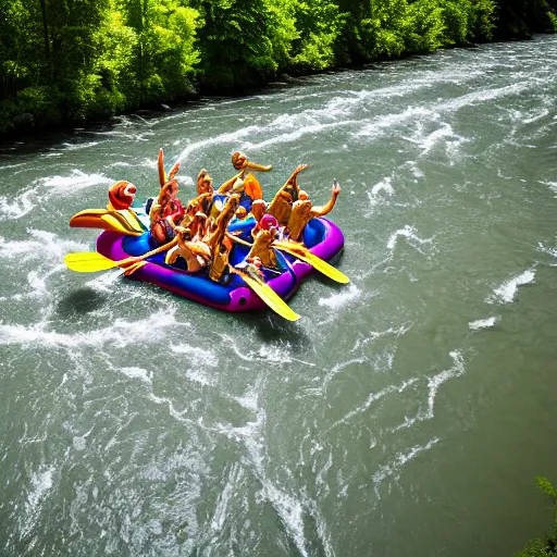 Image similar to a gang of homies having fun on a river float down the snoqualmie river with a big inflatable mallard duck, summertime, drone photography, beautiful, 8k, trending on artstation