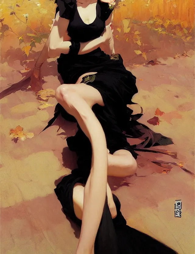 Prompt: savvy — today at 4 : 0 2 pm beautiful anime woman in tight black dress with high slit, krenz cushart, mucha, by joaquin sorolla rhads leyendecker, by ohara koson