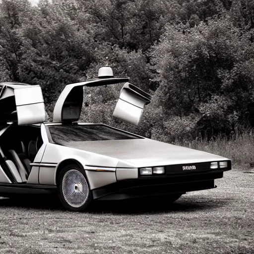 Image similar to a monochromatic sepia photograph of a delorean in a line of covered wagons,