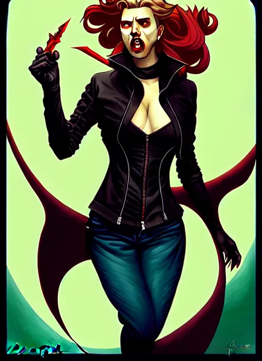 Image similar to rafael albuquerque comic art, art nouveau, peter mohrbacher, artgerm, pretty scarlett johansson vampire sharp vampire teeth open mouth, symmetrical eyes, black leather jacket, jeans, long blonde hair, full body