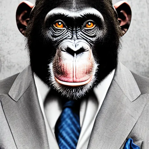 Image similar to a high detail closeup photograph of a chimpanze wearing a suit 👔, award wining photograph, digital art