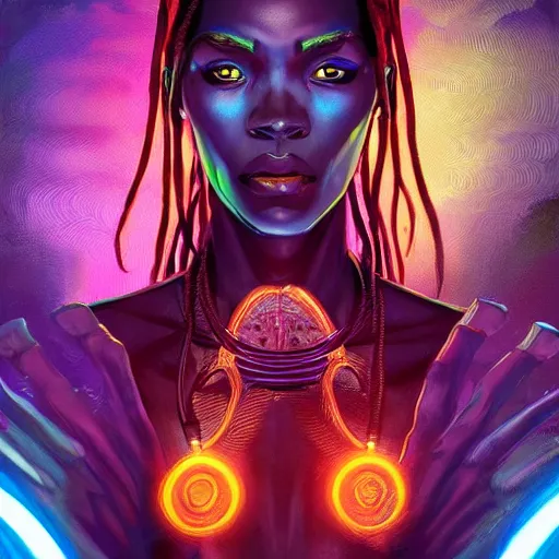 Image similar to african neon necromancer, science fiction, highly detailed, digital painting, beautiful eyes, symmetry, concept art, sharp focus, illustration, global illumination, radiant light, synthwave colors, detailed and intricate environment, art by artgerm and greg rutkowski and magali villeneuve and ilya kuvshinov!