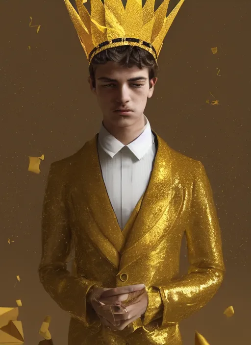 Image similar to young handsome Camilo as a paper man wearing a golden crown and a black tissue paper prince tuxedo by Prada. ethereal, fantasy, Lawrence Alma-Tadema, James Jean, oozium, peter morbacher, angelarium, alchemy, luxury, heavenly light, Soft illumination, Trending on artstation, Cinematic Lighting, very detailed, 3D, octane render, artgerm