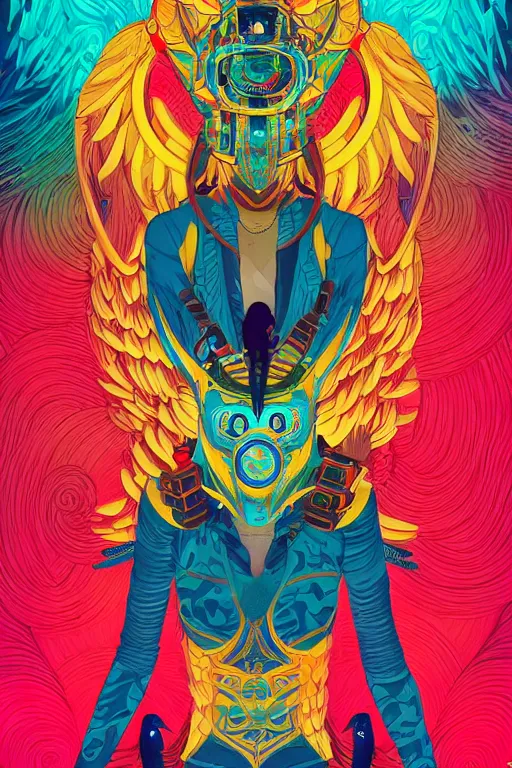 Image similar to a hacker wearing a quetzalcoatl mask, Tristan Eaton, victo ngai, artgerm, RHADS, ross draws