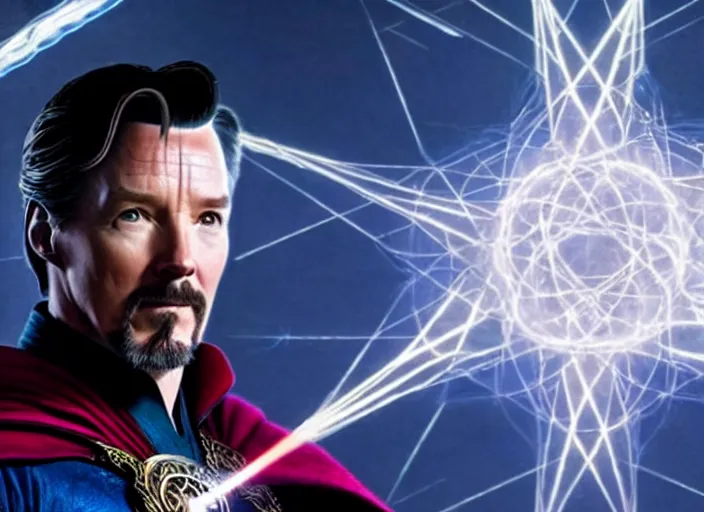 Prompt: film still of richard simmoms as dr strange using magic in multiverse of madness, 8 k