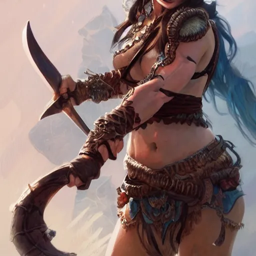 Image similar to Female barbarian closeup, D&D, fantasy, intricate, elegant, highly detailed, digital painting, trending on artstation, concept art, illustration, art by Artgerm and Greg Rutkowski and Alphonse Mucha