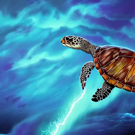 Image similar to photorealistic sea turtle riding waves of lightning. hyperdetailed photorealism, 1 0 8 megapixels, amazing depth, glowing rich colors, powerful imagery, psychedelic overtones, 3 d finalrender, 3 d shading, cinematic lighting, artstation concept art