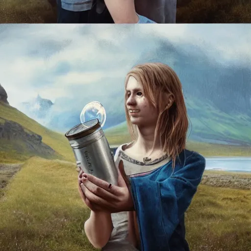 Prompt: a highly detailed portrait from behind of a young couple, holding a tin can, remote icelandic village, summer, jeans and t shirt, blonde hair, muted colors, hyper realistic, extremely realistic, realistic, by tom bagshaw, trending on artstation,